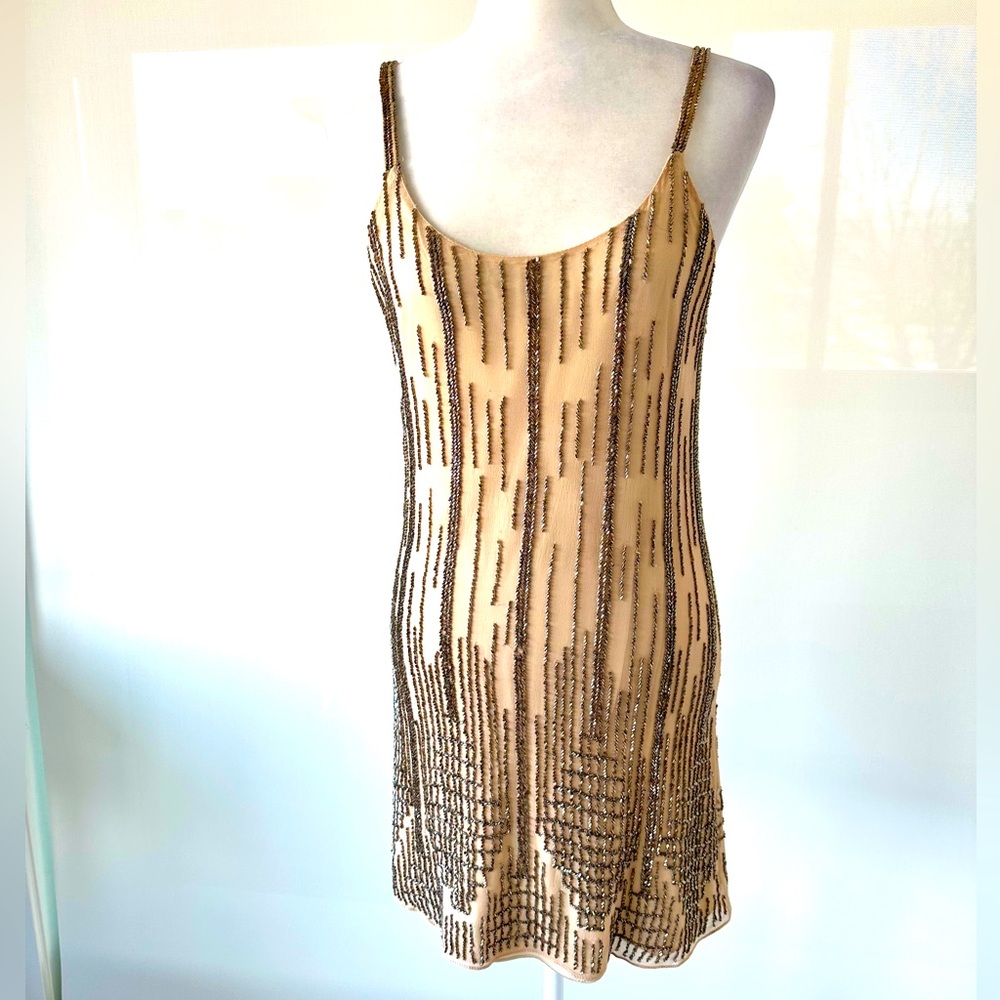 Parker 💯% Silk Elegant Beaded Dress in Tan